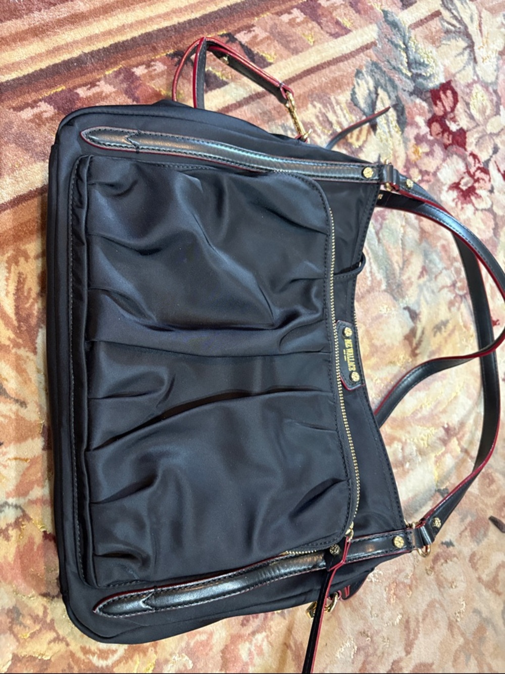 Black Nylon Shoulder Bag with Red-Trim Straps -